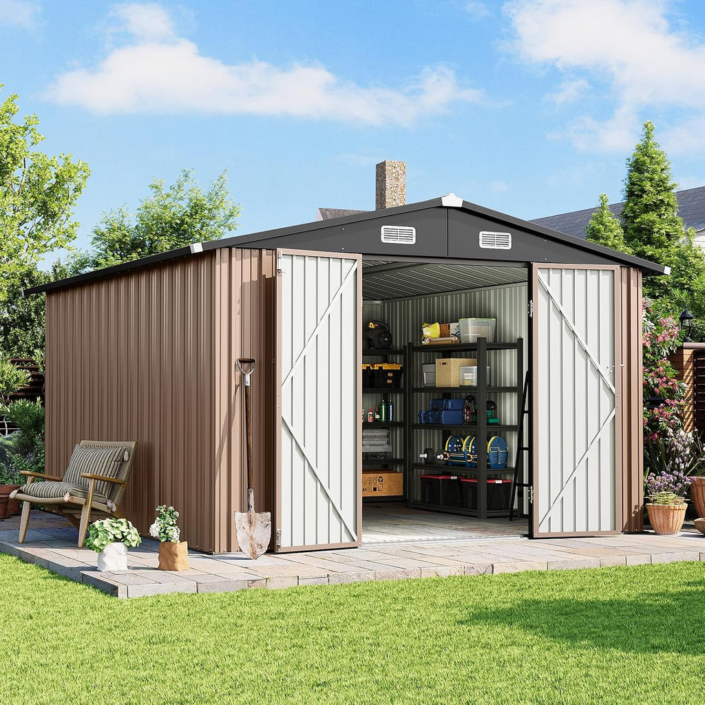 10x12 FT Outdoor Storage Shed Heavy-Duty Galvanized Steel Metal Garden Shed