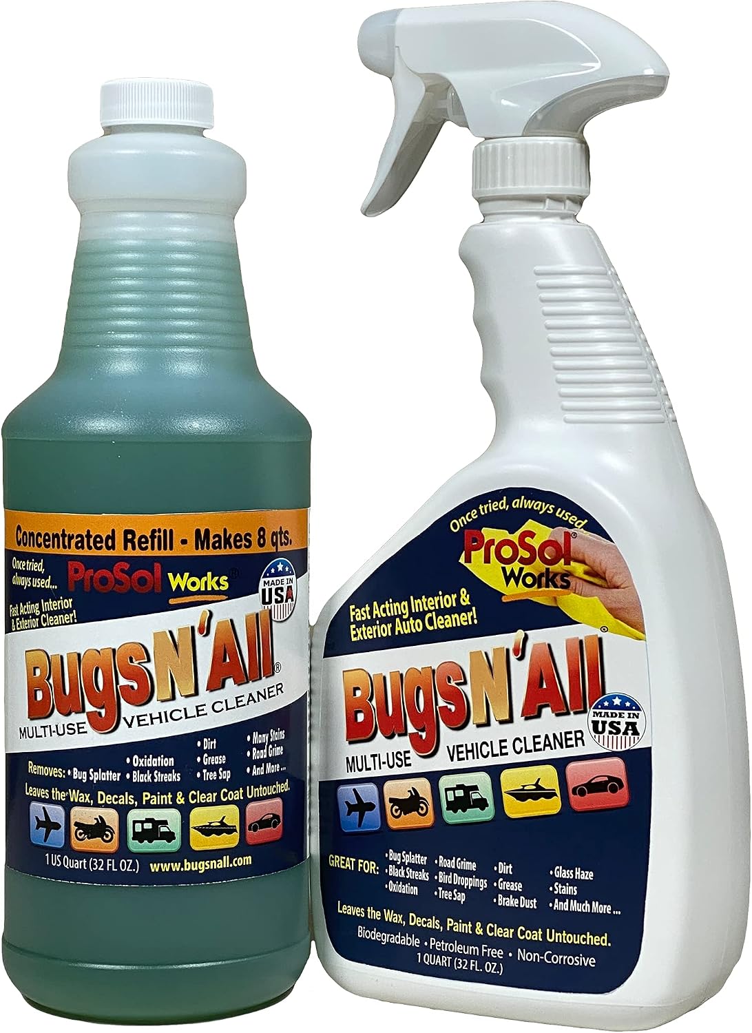 Bugs N' All Multi Surface Cleaner Spray Concentrate 32 oz. w/Empty Cleaning Spray Bottle 32 oz. & Bug Sponge for Car Washing - Mutli-Vehicle Cleaning - Bug & Tar Remover for all Vehicles