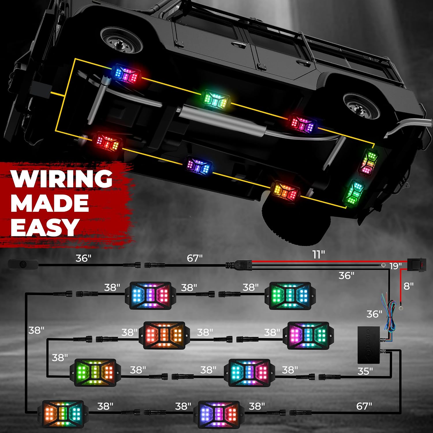 8 Pods Five Sided RGB Rock Lights for Trucks Jeep UTV SUV ATV Golf Cart, Multi Chasing Color App/Remote Control Led Rock Lights with Music Mode, Waterproof Exterior Underglow Kits for Cars(Patented)