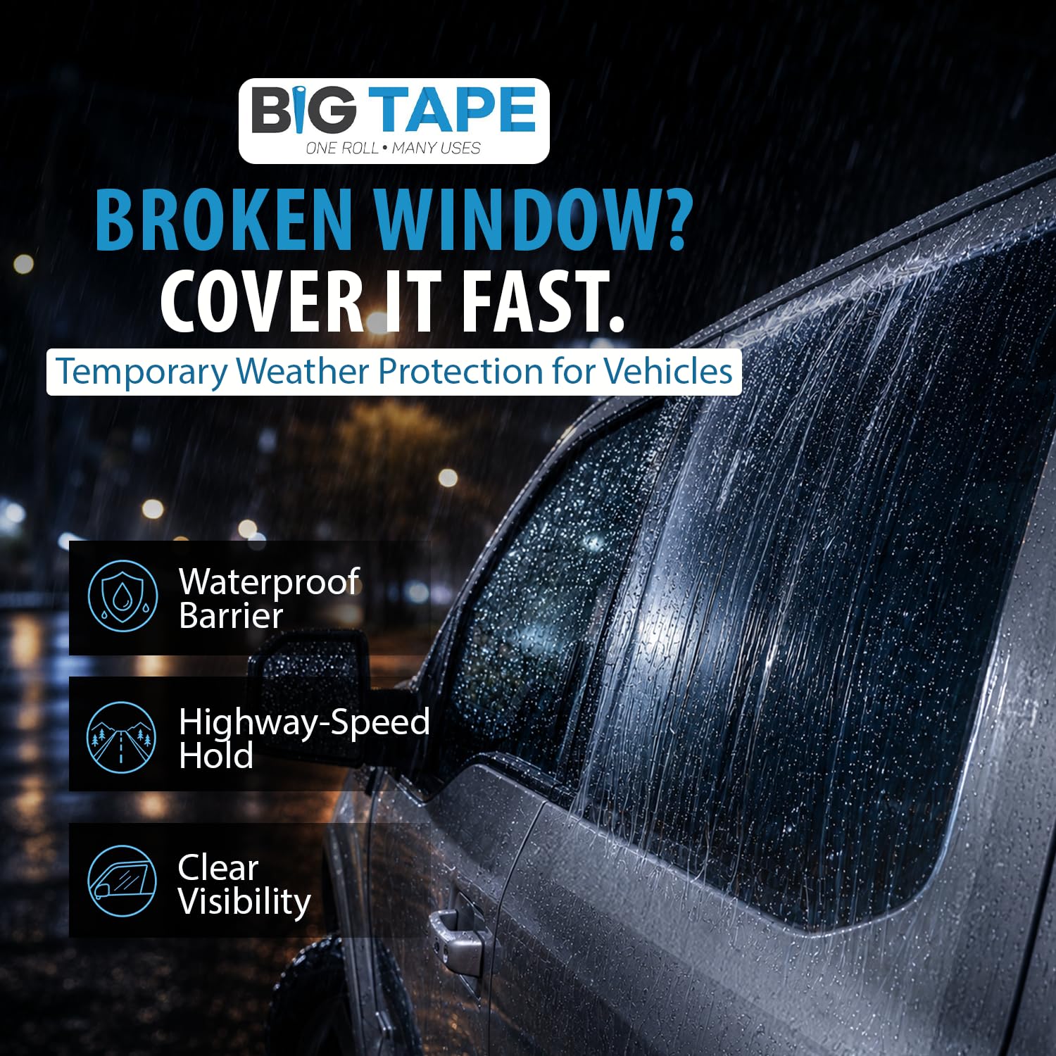 Big Tape Crash Wrap for Broken Car Windows, Temporary Film, 17.5 in x 6 Ft | No-residue Plastic Window Cover Seals Broken Auto Glass Fast — Waterproof Protection with Clean, Sticky-Free Removal
