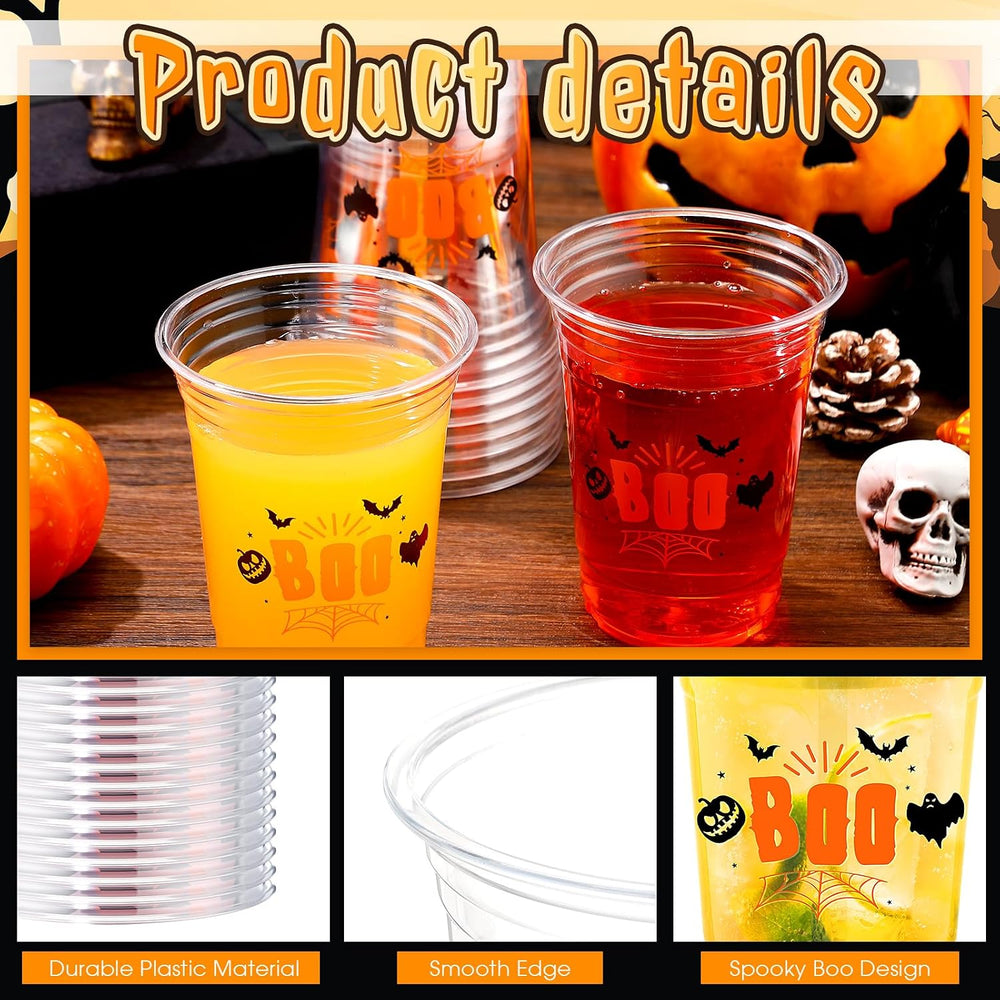 100 Pcs Halloween Plastic Cups Bulk 16 oz Disposable Clear Boo