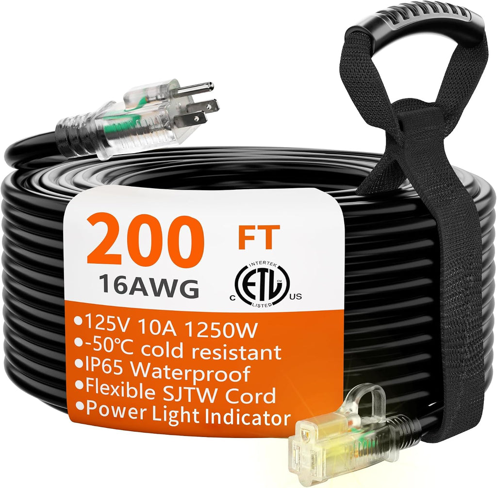 HUANCHAIN 16/3 Gauge 200 ft Extension Cord Outdoor Waterproof