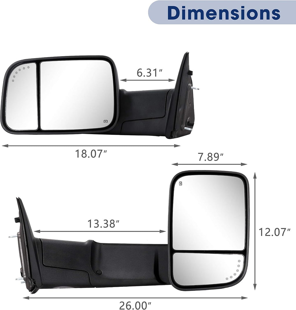 Towing Mirror for Dodge Ram - Replacement fit for 2009-2018 Dodge Ram 1500 2500 3500 Pickup Truck with Power Adjusted Glass Heated LED Turn Signal Light Puddle Lamp Temp Sensor Flip Up Pair Set