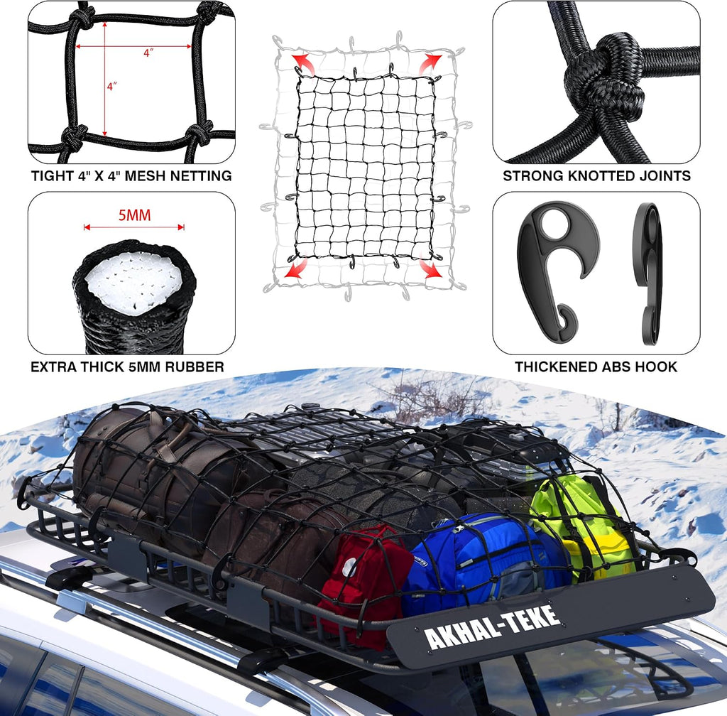 Roof Rack Basket, Upgraded 64"x 39"x 4" Roof Rack Cargo Carrier with 3' X 4' Super Duty Bungee Cargo Net, 2 pcs Ratchet Strap Fits for SUV Truck Cars