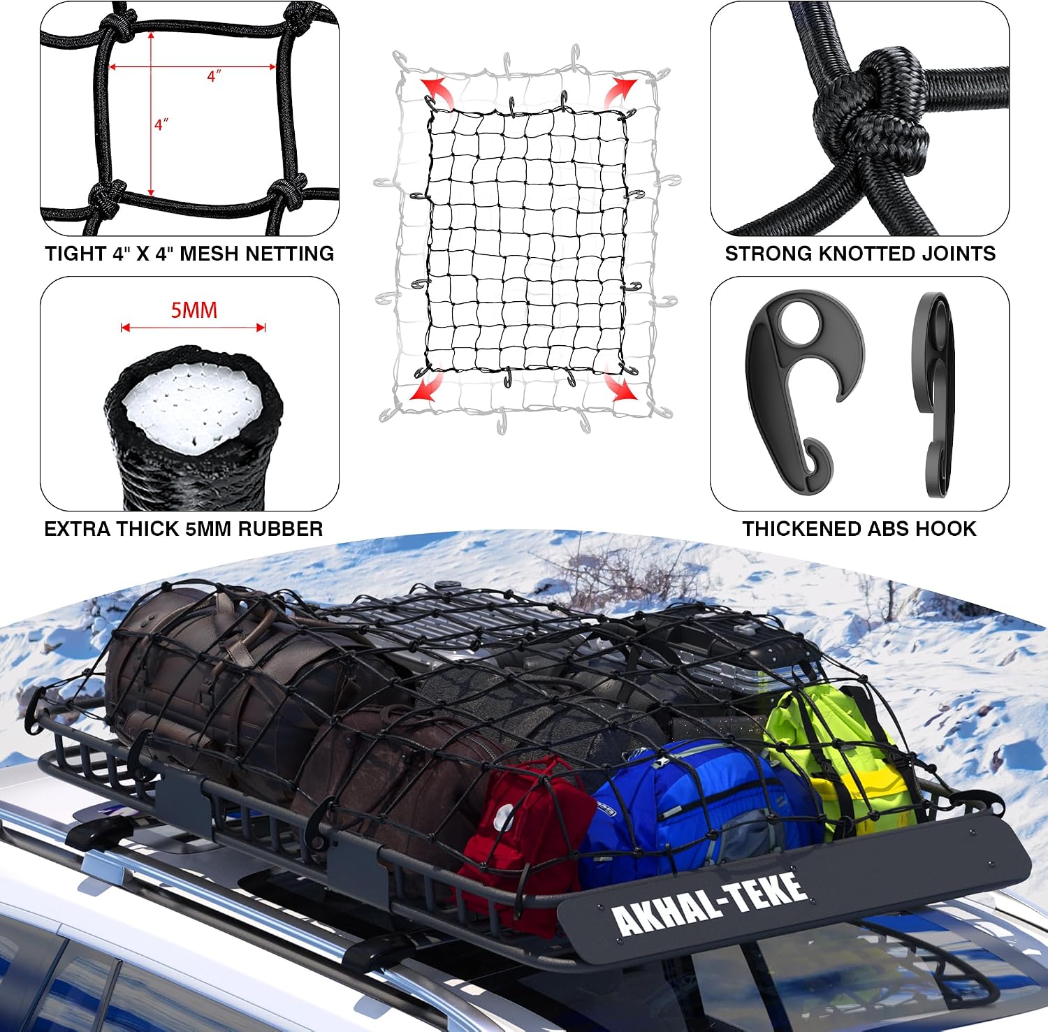 Roof Rack Basket, Upgraded 64"x 39"x 4" Roof Rack Cargo Carrier with 3' X 4' Super Duty Bungee Cargo Net, 2 pcs Ratchet Strap Fits for SUV Truck Cars