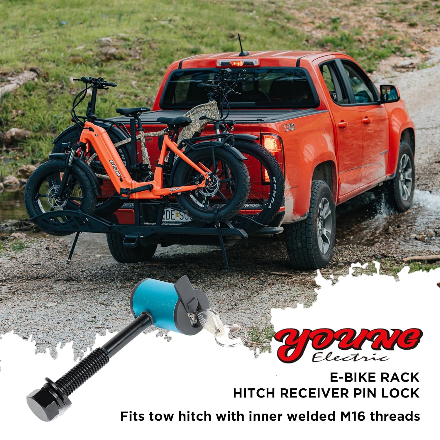 Young Electric M16 Anti-Rattle Lock Hitch Pin for Hitch, Blue, Compatible with Young OutfitR Bike Racks 200LBS Capacity Models.
