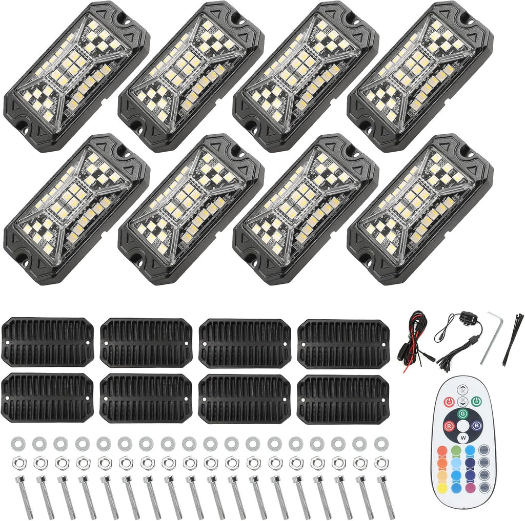 SUNPIE 8 Pods RGBW Rock Lights – Full Beam Angle, 30 High Power Chips, Aluminium Housing, Mounting Pads Included, IP67 Waterproof, Music Mode Underglow Lights, Fits Trucks, SUV, ATV, UTV, Boats