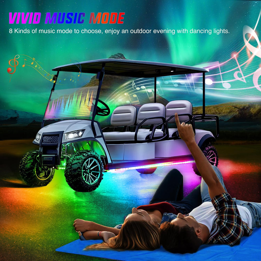 Nilight 4PCS Golf Cart Underglow LED Light Strip Dream Color Multi-Mode Neon Accent Lighting Kit APP and Remote Control Sound Active Music Sync IP67 Waterproof 12V-66V Input for EZGO Yamaha Club Car