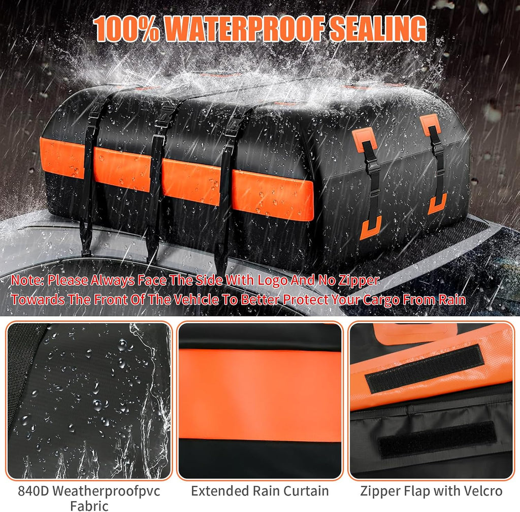 Waterproof Rooftop Cargo Bag, 21 Cu Ft Roof Carrier for SUVs and Road Trips | 21 Cu Ft Large Capacity, 840D Waterproof PVC, Heat-Welded Seams, Anti-Slip Mat, Lock, 6 Door Hooks for Secure Travel