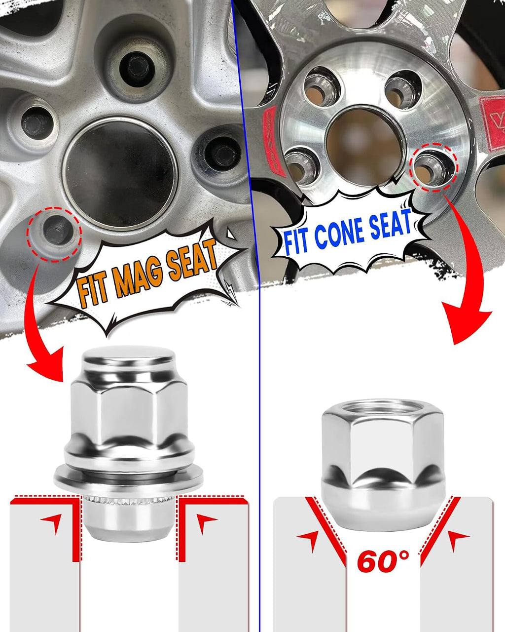 12mmx1.5 Zinc Aftermarket Wheel Lug Nuts, 20 Pcs M12x1.5 Open End Cone Seat Bulge Acorn One-Piece lugnuts 0.83”(21mm) Long 3/4”(19mm) Hex, Sliver