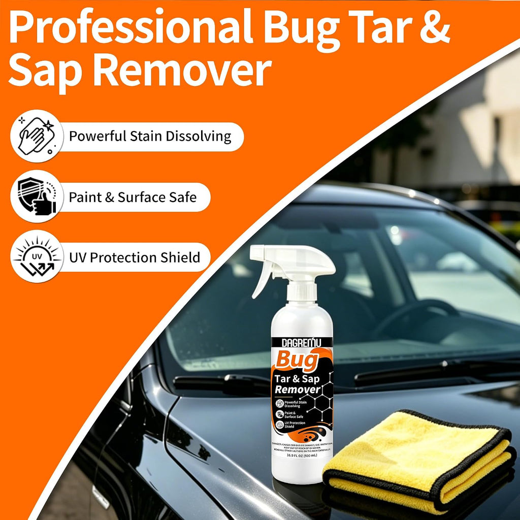 Bug, Sap & Tar Remover for Cars - Powerful Stain Dissolving Spray, UV Protection, Car Bug Remover,Tree Sap Remover,Bug Cleaner for Exterior Paint Glass Chrome,with Microfiber Towel 2 Pack-16.9 Fl Oz