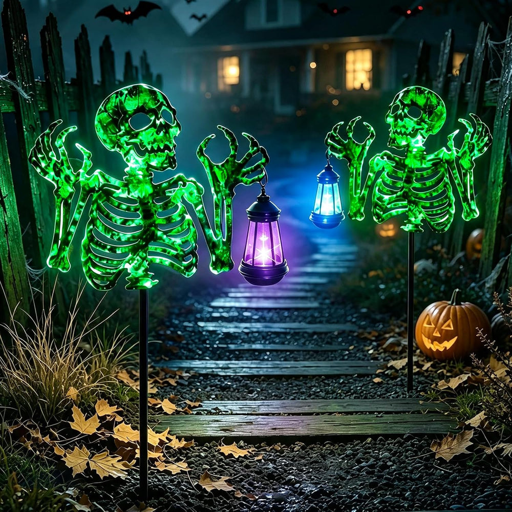 Halloween Skeleton Decorations Outdoor,Spooky Green Glowing Iron Skull