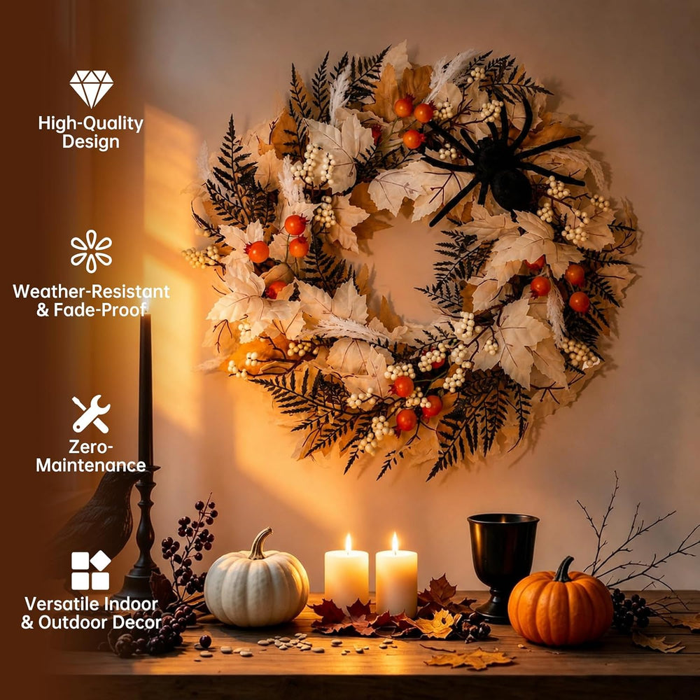 24" Halloween Wreath for Front Door with Spider, Maple Leaf