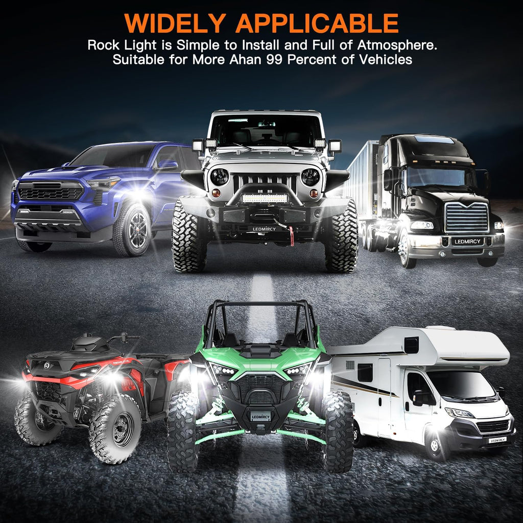 White Rock Lights,LEDMIRCY R6 LED Pure White Rock Lights 12PCS with Rocker Switch Wire Harness Kit for Trucks UTV Off Road Boat ATV Luces para Carro Super Bright High Power Light Waterproof Shockproof