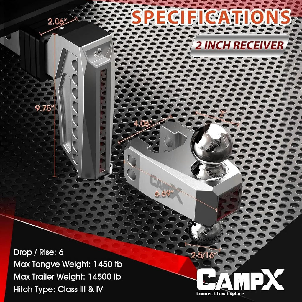 Adjustable Trailer Hitch Fits 2" Receiver 6-Inch Drop/Rise, Silver | Aluminum Tow Hitch with Reflector, 14,500 LBS GTW for Heavy Duty Towing, 2" & 2-5/16" Ball Mounts for RV,SUV, ATV and Truck