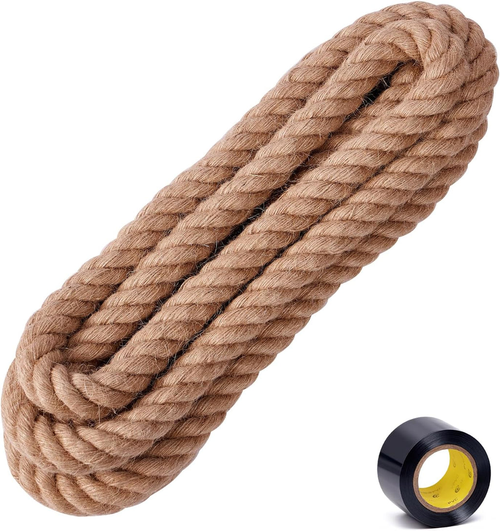 Natural Jute Rope 1 Inch × 25 Ft [Heavy Duty 4 Strands Twisted Manila] Hemp Rope for Swing Bed, Crafts, Railing, Tug of War, Landscaping, Gardening, Bundling, Hammock, Home Decorating