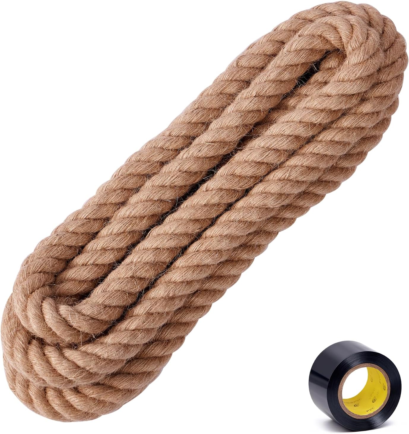 Natural Jute Rope 1 Inch × 25 Ft [Heavy Duty 4 Strands Twisted Manila] Hemp Rope for Swing Bed, Crafts, Railing, Tug of War, Landscaping, Gardening, Bundling, Hammock, Home Decorating