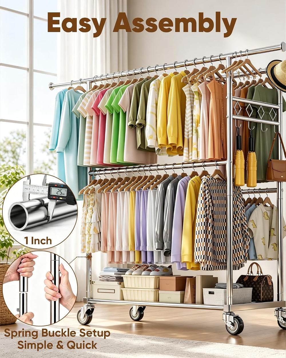 Large Clothes Rack with Shelf Loads 1100lbs, Four Rods Garment Rack, Silver