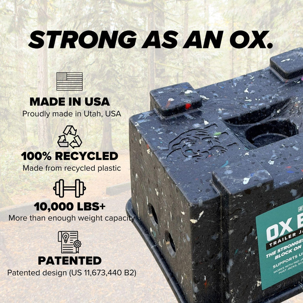 OX BLOX Heavy Duty Trailer Jack Block - 10,000 lb Capacity - Made in USA | RV Leveling Blocks & Stabilizer Pads; 100% Recycled Plastic; For Tongue Jack, 5th Wheel, Camper, Travel Trailer & More