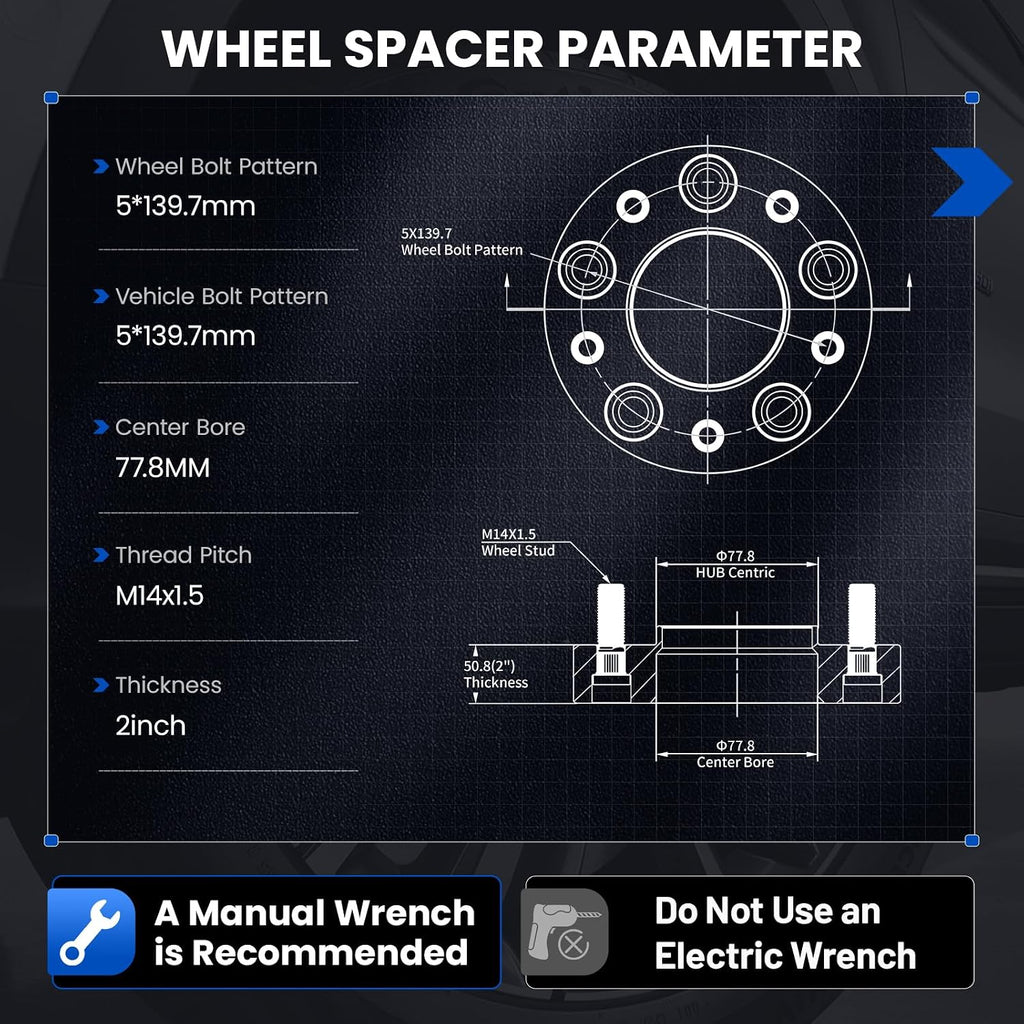2 Inch Wheel Spacers 5x139.7 Compatible with Ram 2012-2018 1500,2019-2023 1500 Classic, 77.8 mm Center Bore & 5 Lug Forged 5x5.5 Wheel Adapters M14x1.5,Set of 4