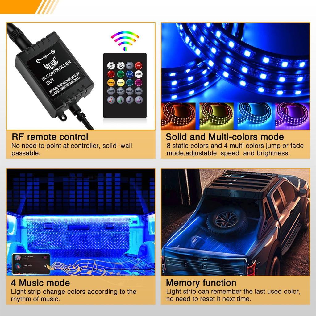 GOOACC RGB Truck Bed Light Strip 3PCS 60" 270 LEDs Neon Accent Lighting with RF Remote On/Off Switch Splitter Extension Cable for 12-Volt Car Cargo Pickup SUV RV Boat