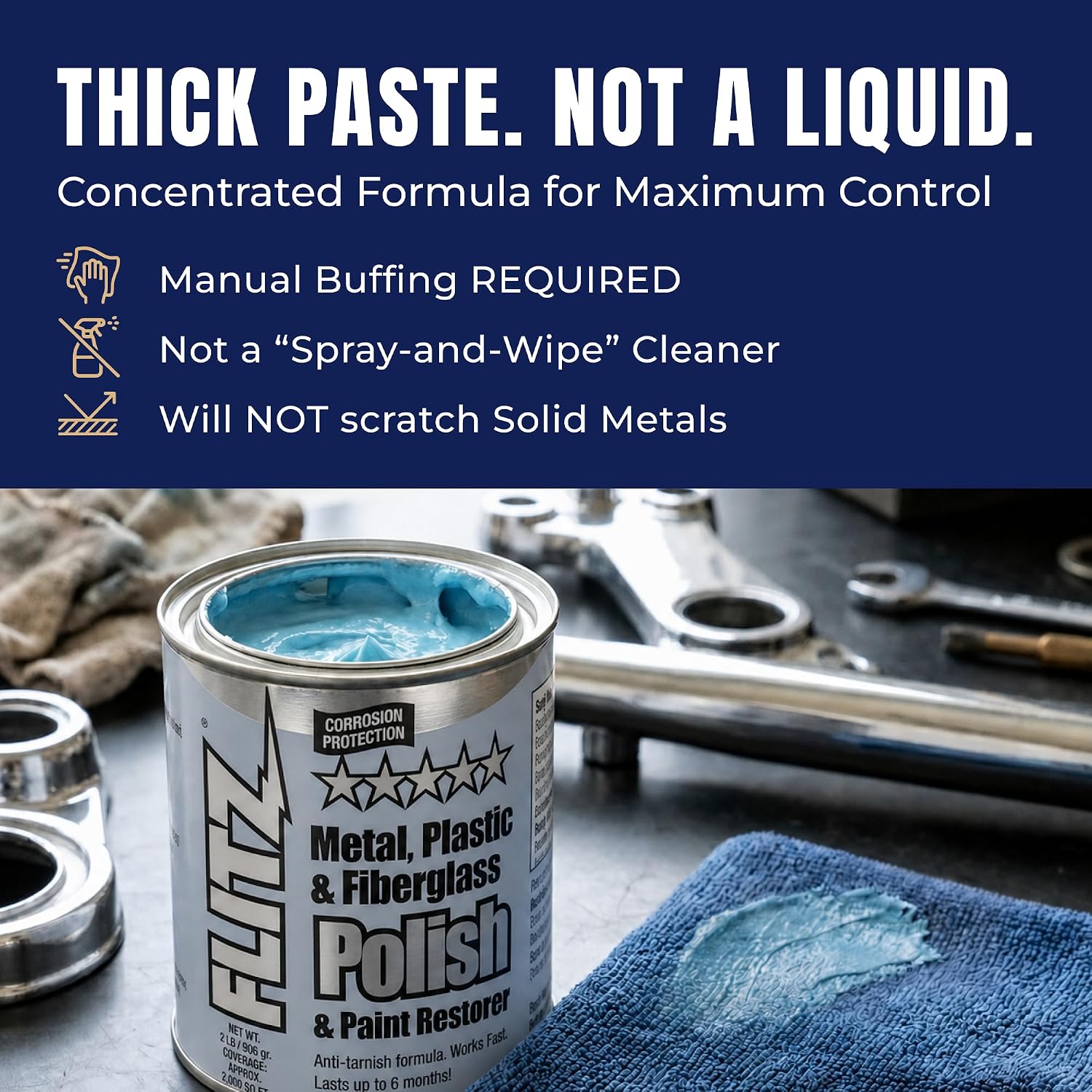 Flitz Metal Polish Paste - 2lb Can of USA-Made Polish for Solid Chrome, Stainless Steel, Aluminum- Non-Abrasive for Light Oxidation - Requires Manual Buffing - Not for Plated/Coated Surfaces (1 Pack)