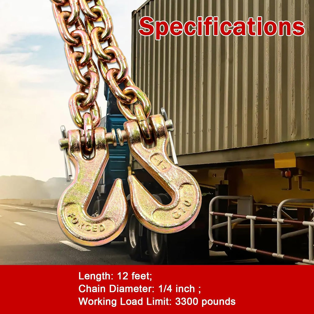 Heavy Duty G80 Transport Binder Chain 1/4'' Inch x 12 Feet,Tow Chain with G70 Clevis Grab Hooks,3300 lbs Safe Working Load Logging for Transporting, Towing(1/4'' x 12FT Yellow).