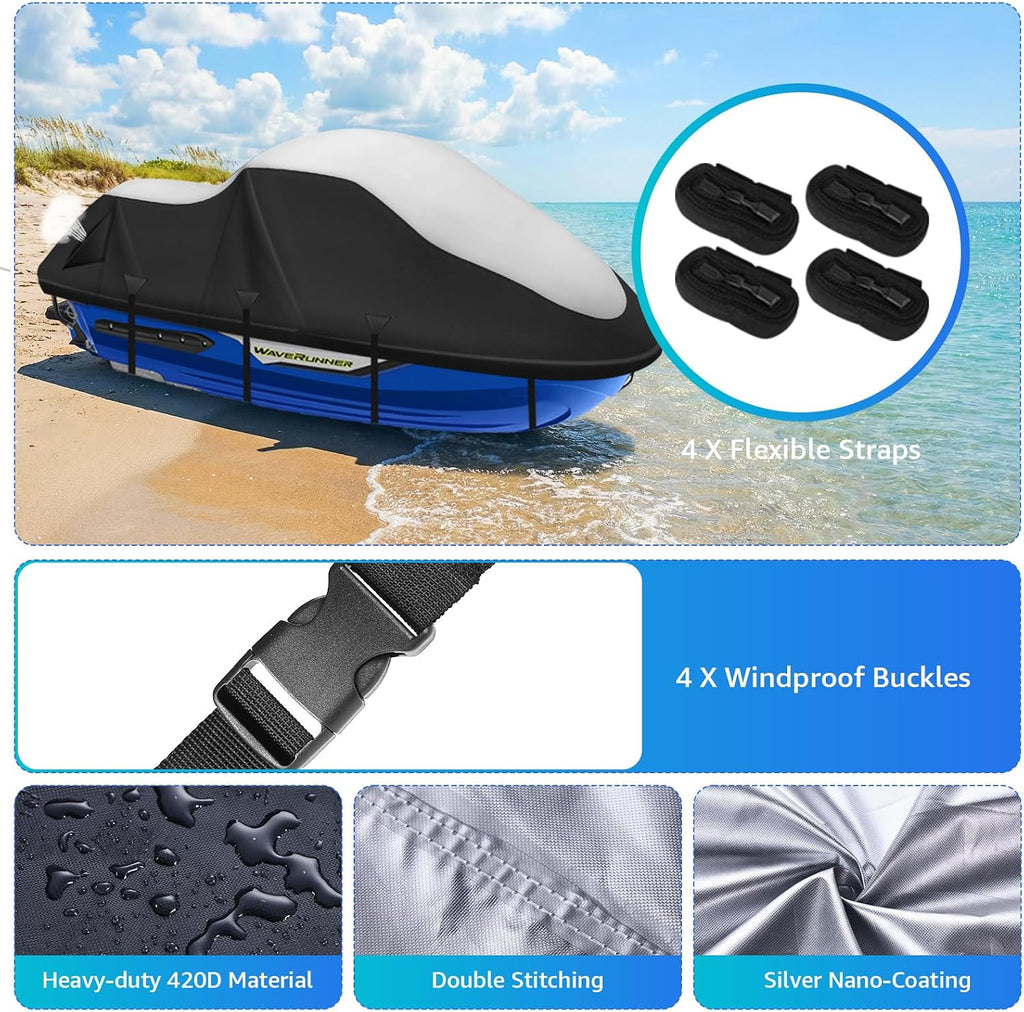 Jet Ski Cover 3 Seater,420D Waterproof Jetski Covers with 2 Vents & 4 Windproof Buckles UV Protection Universal Fits Yamaha Seadoo from 116" to 125"(Black Silver)