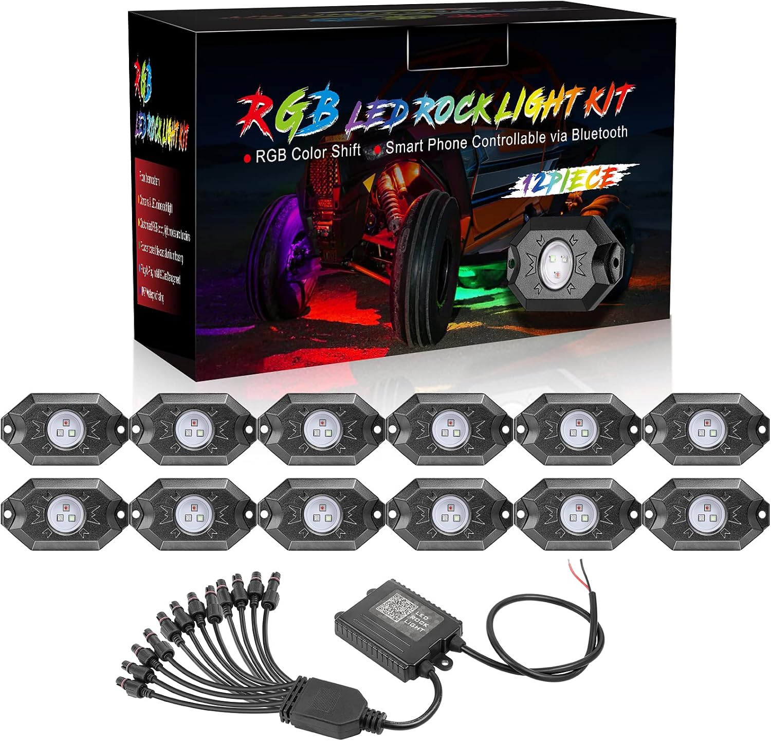 RGB Rock Light Kits, Niking Auto 12 Pods RGB Underglow LED Rock Lights with App Control & Timing & Music Mode & Flashing Multicolor Neon LED Lights for Trucks Off Road UTV ATV Pickup Boat
