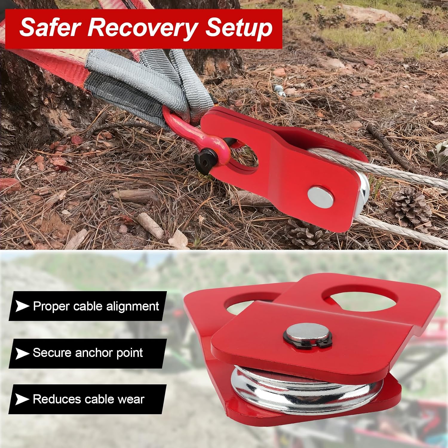 Winch Snatch Block 8000 lbs, Heavy Duty Recovery Pulley for ATV UTV Off-Road, Fits 1/4"–5/16" Winch Cable, Load-Doubling & Direction Change (Red)