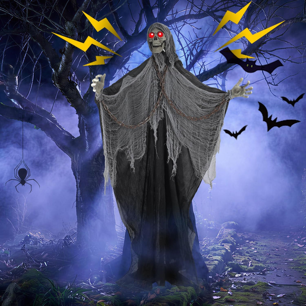 Halloween Skeleton With LED Red Glowing Eyes, Sound & Touch Activated Mot...