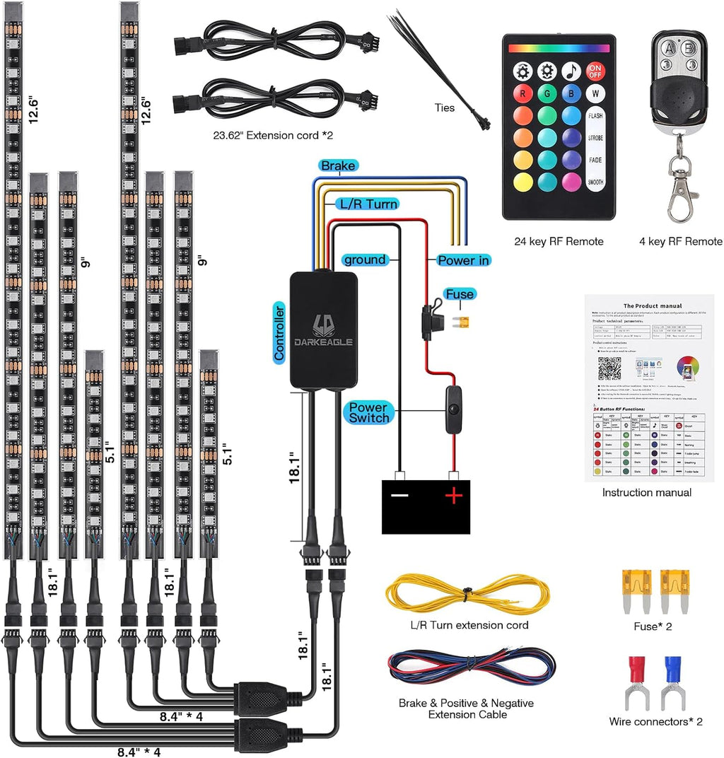 8PCS Motorcycle RGB LED Light Kits with APP/RF Remote, Multicolor Underglow Lights with Brake Turn Signal, 12V Waterproof Dual Zone Strip for Sport Bike, Cruiser, Street & Dirt Motorcycle