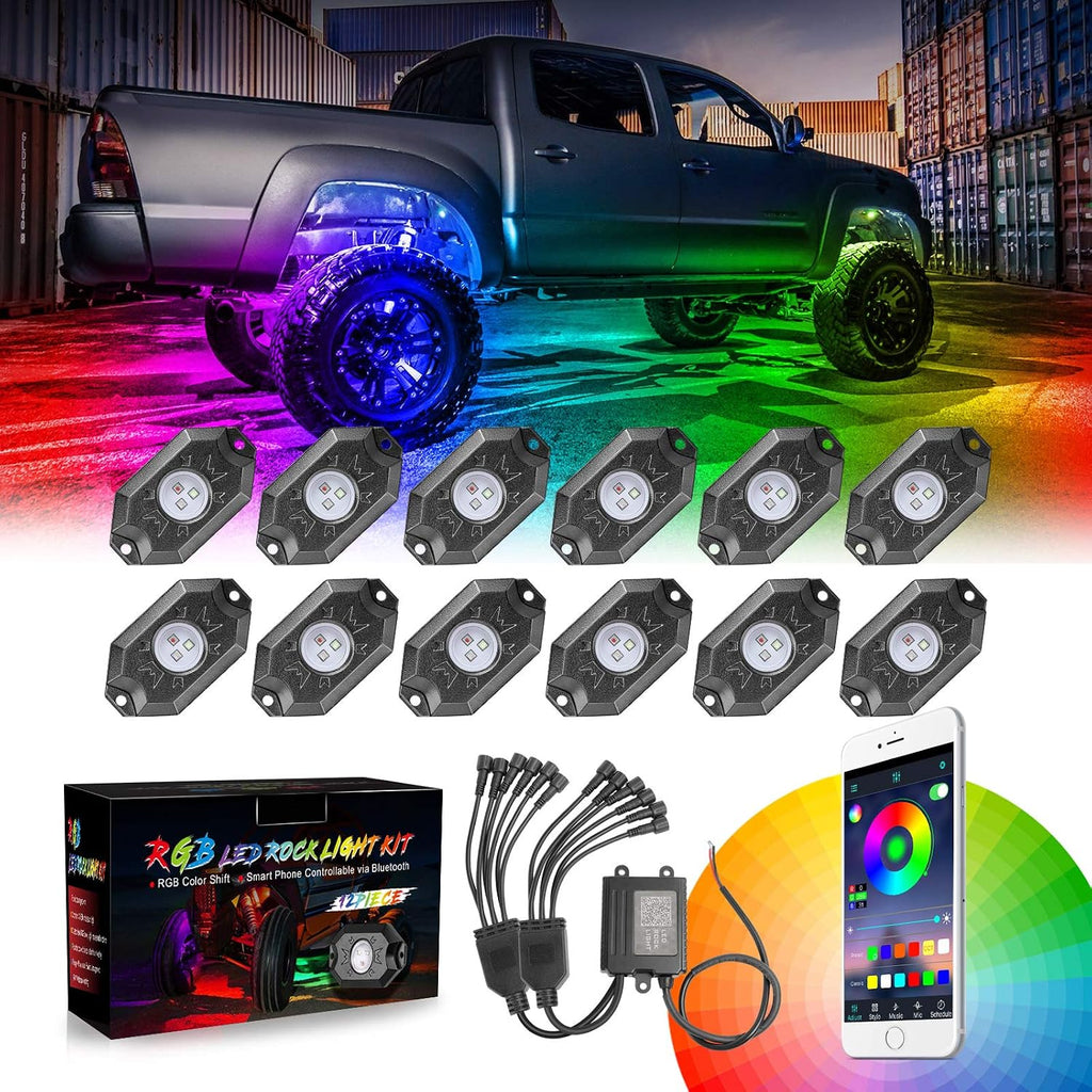 RGB Rock Light Kits, Niking Auto 12 Pods RGB Underglow LED Rock Lights with App Control & Timing & Music Mode & Flashing Multicolor Neon LED Lights for Trucks Off Road UTV ATV Pickup Boat