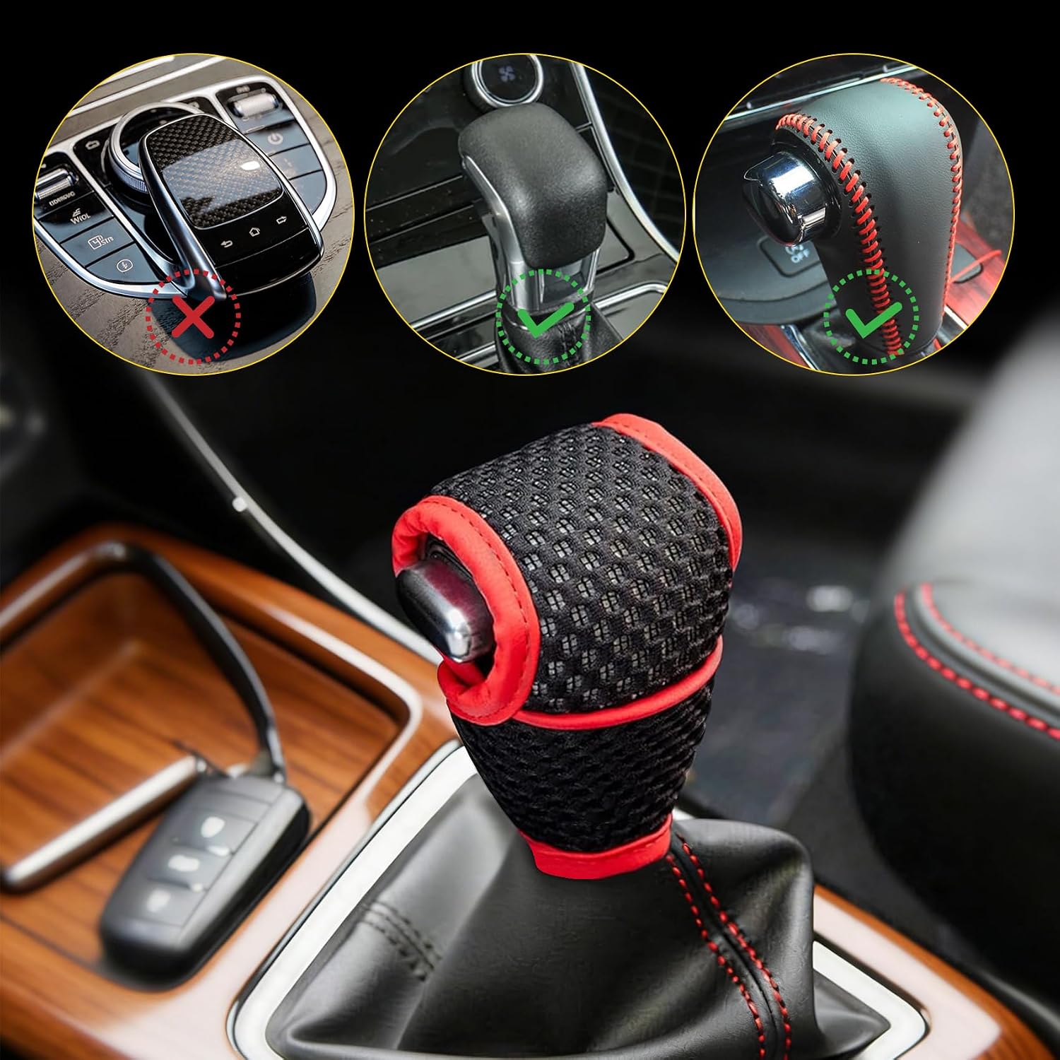 Car Gear Shift Knob Cover, 5D Mesh Fabric Car Gearshift Protector, Anti-Slip Breathable Vehicle Shifter Lever Dust Cover, Universal Decorative Accessories for Cars, Trucks, SUVs (Black Red)