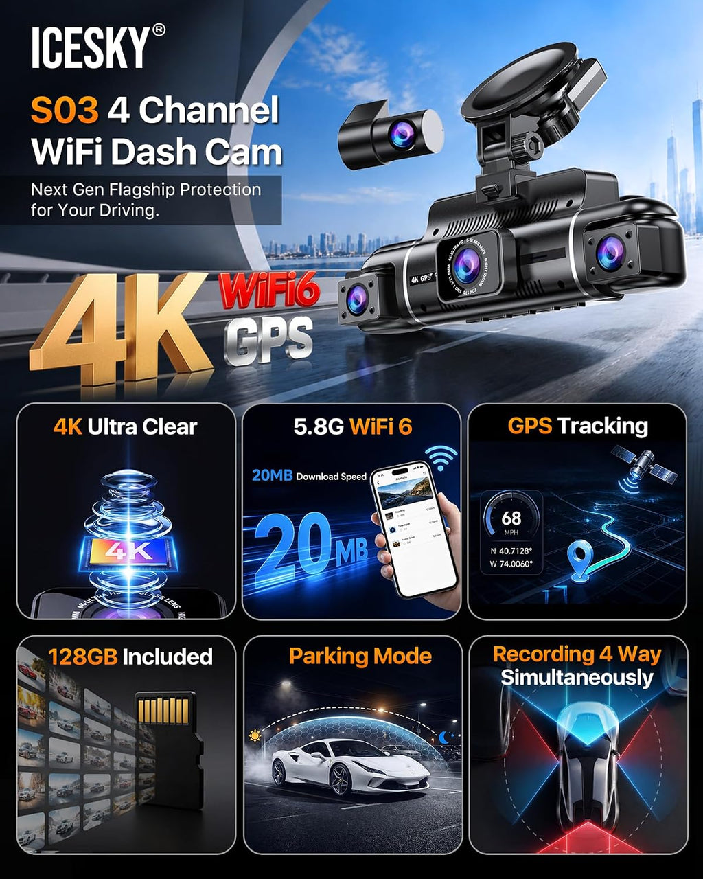 icesky 4k dash cam front and rear left shown in use