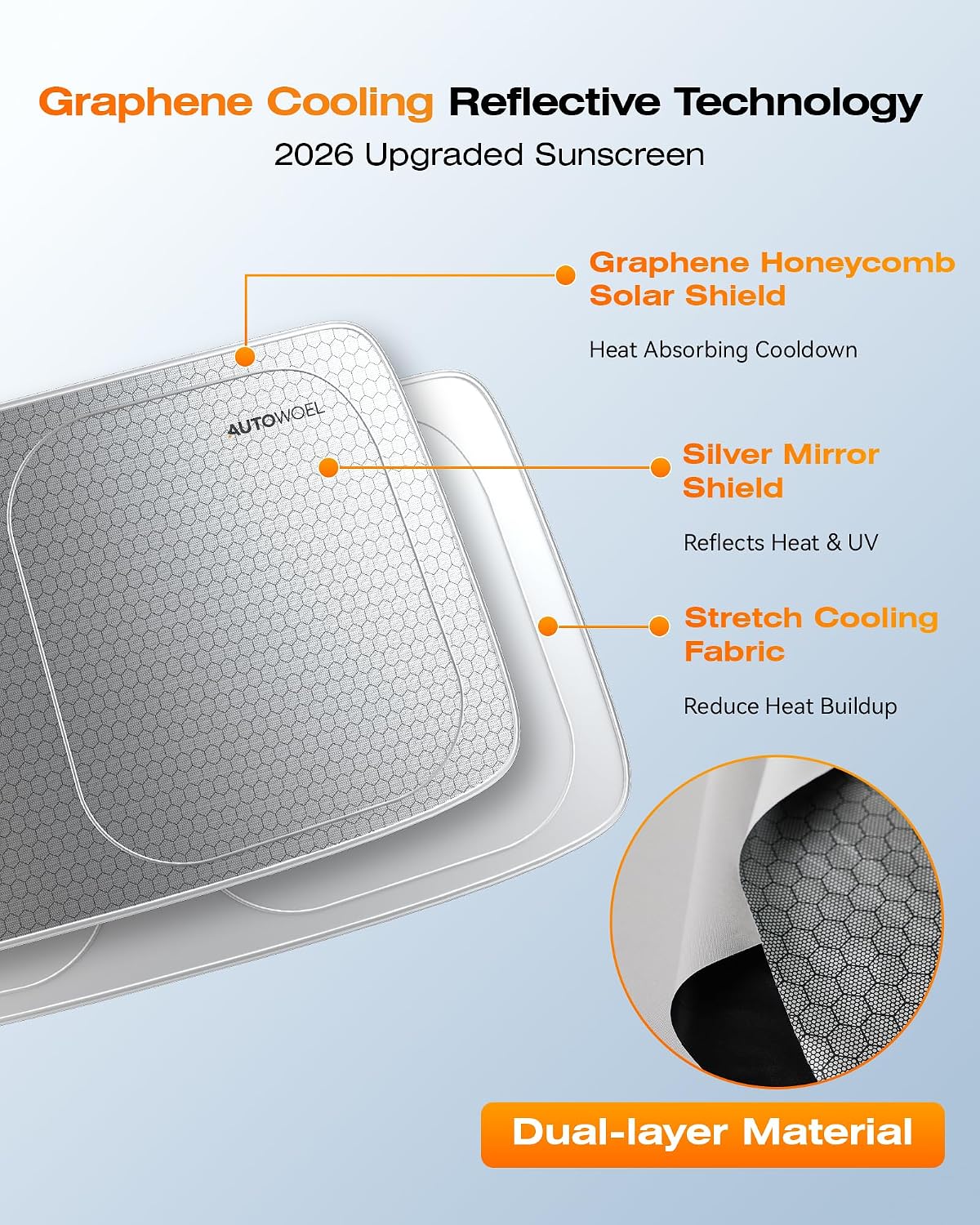 Graphene Dual-Layer Windshield Sun Shade for Car, Cooling Heat Blocker with 99% UV Protection, Foldable Front Car Windshield Shade for Cars Trucks SUVs, Odor-Free Car Windshield Sunshade 64"x 32"