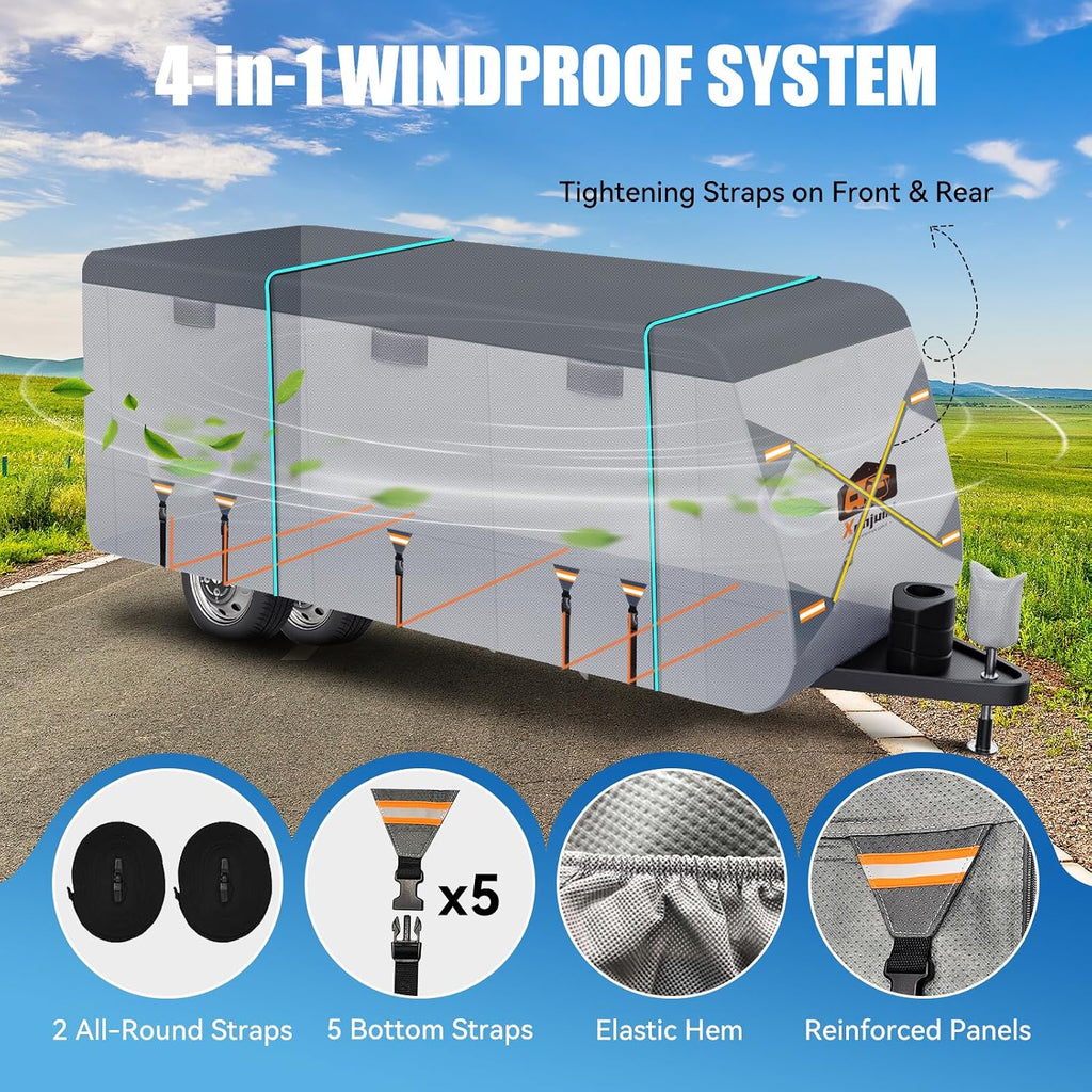 RV Cover for 22-24 ft Travel Trailers, 7 Layers Heavy Duty Camper Cover, Weatherproof & UV Resistant Motorhome Trailer Cover with Gutter & Tongue Jack Covers