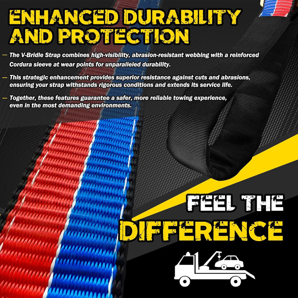 V-Bridle Tow Strap(Red&Blue) 2" x 4' with Snap Hooks, Cordura Sleeve, and Axle Straps, D-Ring for Enhanced Stability, Recovery Strap 5500lbs Load for Car Towing, Rollback, Flatbed, Tow Truck
