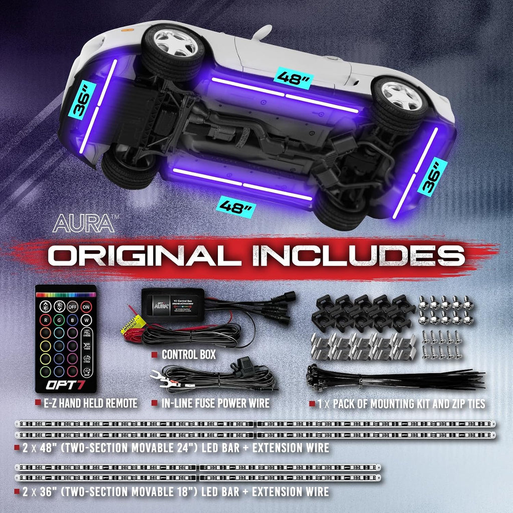 OPT7 Aura Aluminum Underglow Lighting Kit w/Keyless Unlock Light, 4pcs Exterior Neon Accent LED Underbody Strip, Multicolor Modes, Waterproof, Soundsync, Door Assist, Remote Control, Car Truck RV