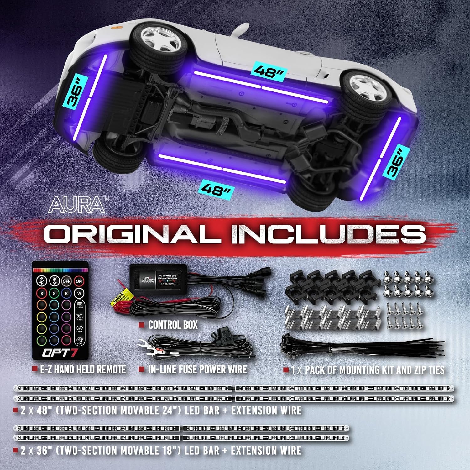 OPT7 Aura Aluminum Underglow Lighting Kit w/Keyless Unlock Light, 4pcs Exterior Neon Accent LED Underbody Strip, Multicolor Modes, Waterproof, Soundsync, Door Assist, Remote Control, Car Truck RV