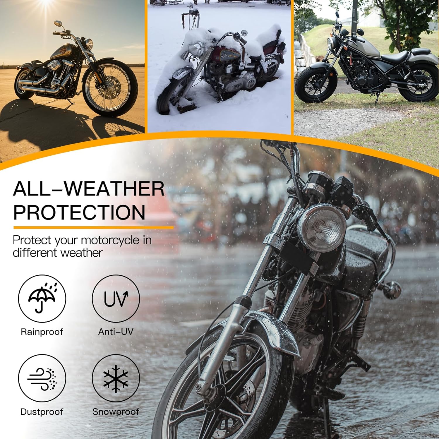 300D Heavy Duty Motorcycle Cover - All Season Waterproof Outdoor Protection with Lock-Holes, Night Reflective & Storage Bag Fits up to 96.5" Cruiser, Touring, Sportbike, Dirt Bike, Scooter
