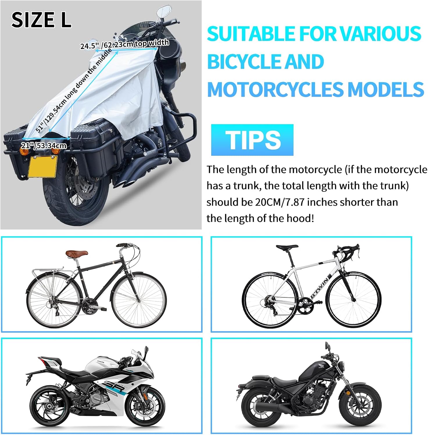 GARGOYLE BELLS Motorcycle Cover Seat Shade Cover Bike Covers Lightweight Half Covers Outdoor Sun Protection All Season Fits Various Motorcycle Models - Silver, L