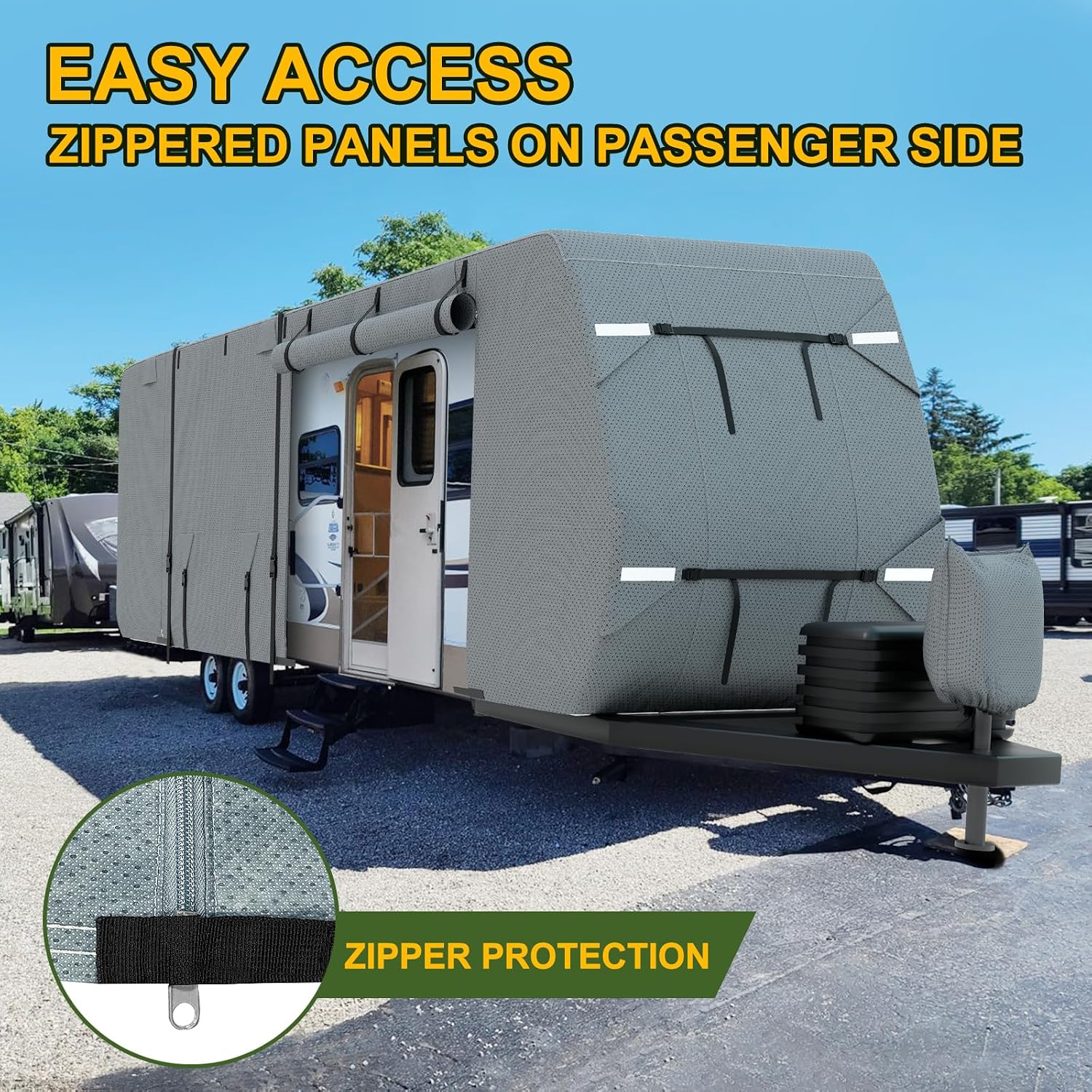 Mofeez Travel Trailer RV Cover, Extra-Thick Upgraded 7 Layers for Camper Cover 24'-27' Windproof Waterproof Rip-Stop RV Covers with Adhesive Repair Patches, 2Pcs Extra Straps & 4 Tire Covers