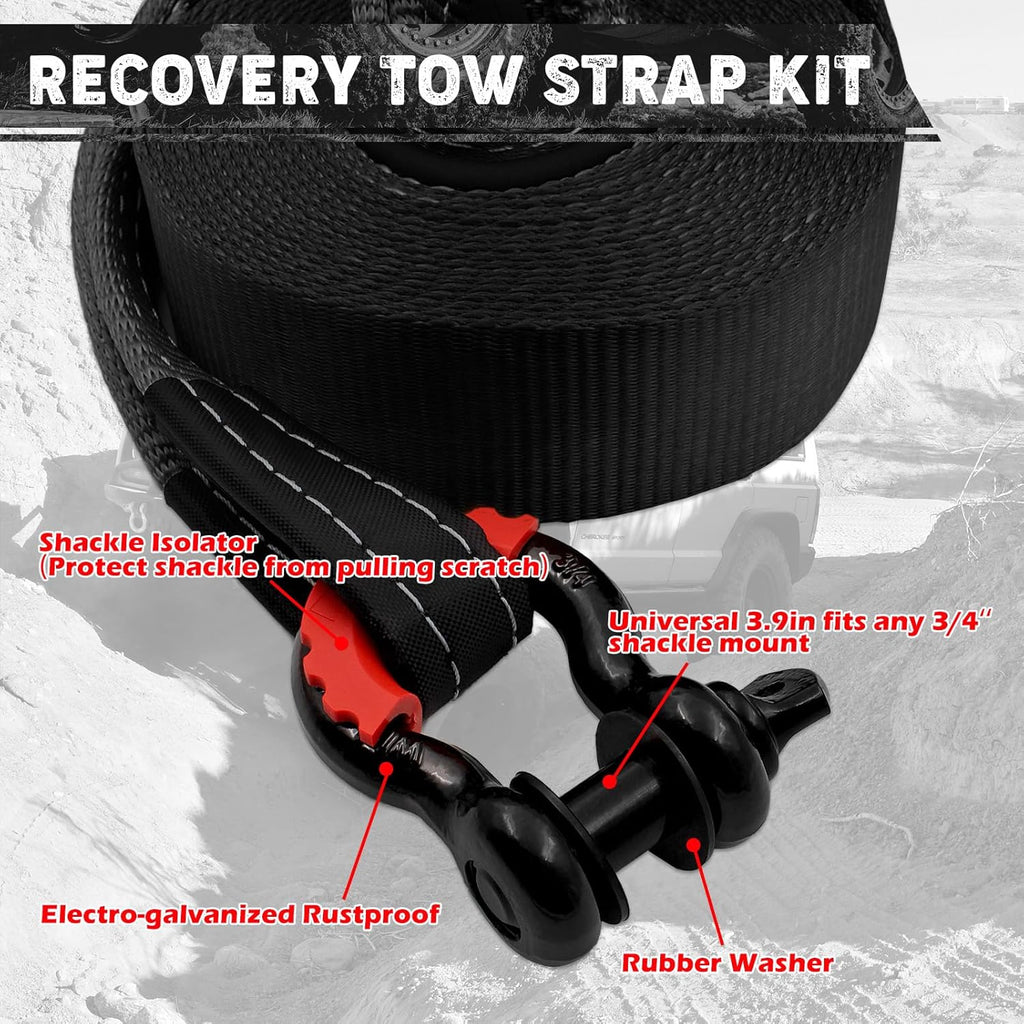 Offroad Recovery Kit, 3" x 30 ft Tow Recovery Strap, 1pcs Hitch Receiver, 2pcs 3/4" D-Ring Shackles with Storage Bag for Truck Jeep SUV ATV