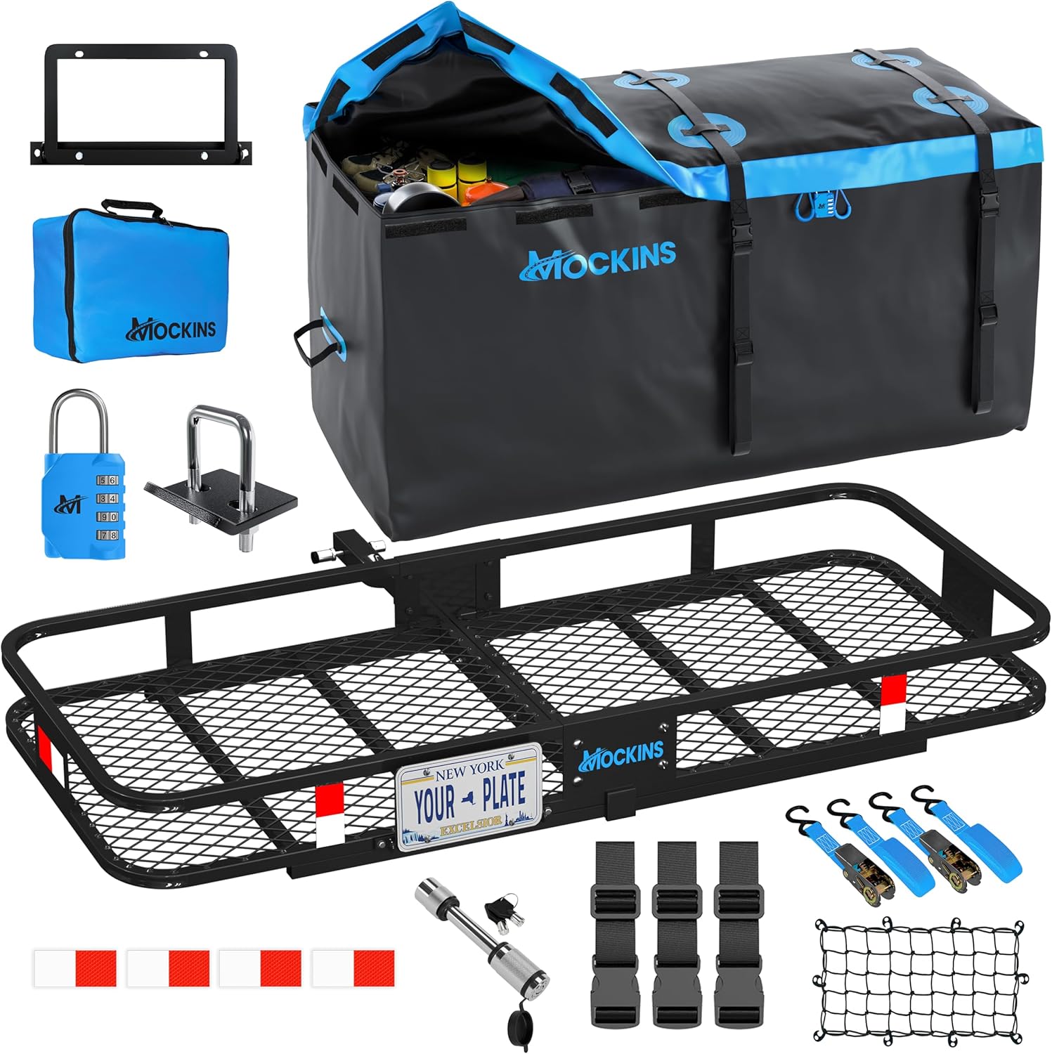 Mockins 60"x24"x6" Heavy Duty Steel Folding Trailer Hitch Cargo Carrier | w/ 25 Cu Ft Waterproof Cargo Bag for Hitch Carrier | 500 lbs Luggage Rack for SUV Car & Truck w/ Plate Bracket & Accessories