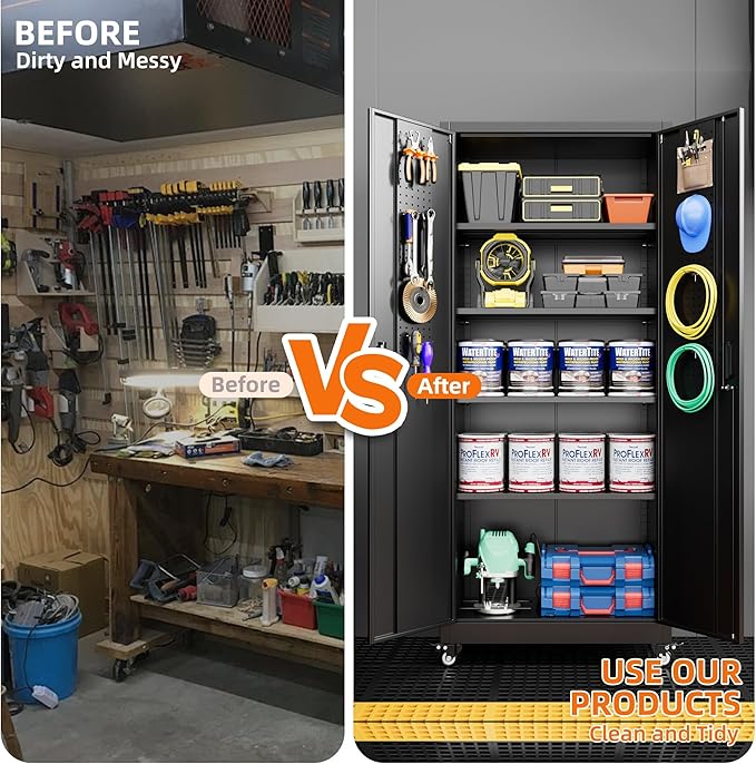Garage Storage Cabinet with with Pegboard and Wheels, Tool Storage, Home Office - Image 5
