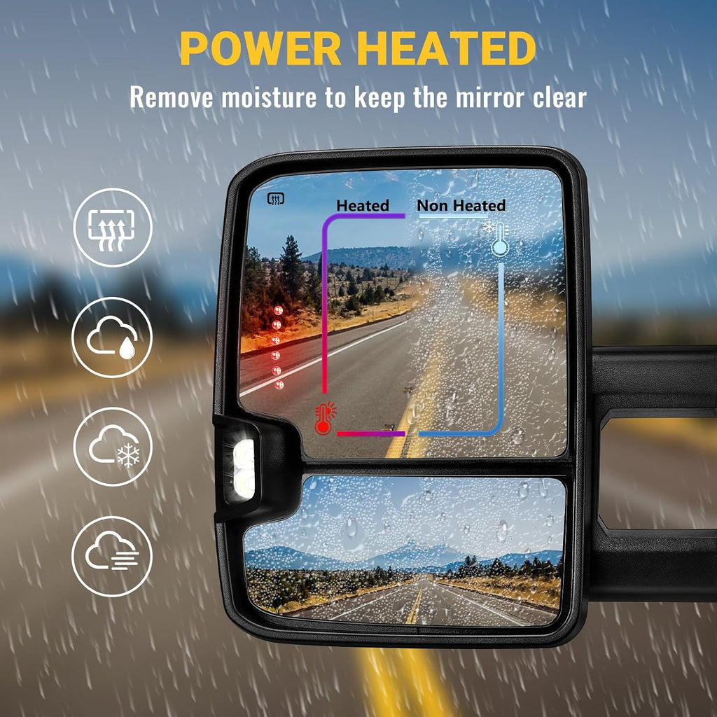 Towing Mirrors Compatible with 2014 2015 2016 2017 2018 Chevy Silverado GMC Sierra 1500 2500 HD 3500 HD with Power Glass LED Arrow Turn Signal Backup Lamp Running Light Heated Extendable Pair Set