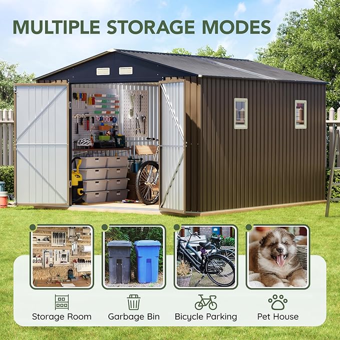 10x12 FT Outdoor Metal Storage Shed, Double Swing Doors, 2 Clear Windows - Image 3