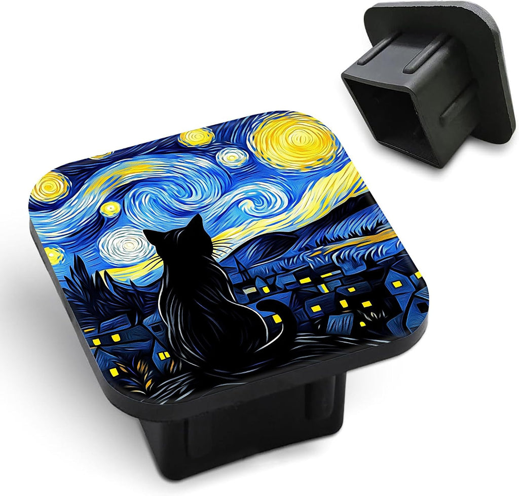 Black Cat Trailer Hitch Cover Abstract Starry Night Square 2 Inch Receiver Tube Plug Cover Compatible with Most Models Hitch Receivers Plug Fits Most Cars