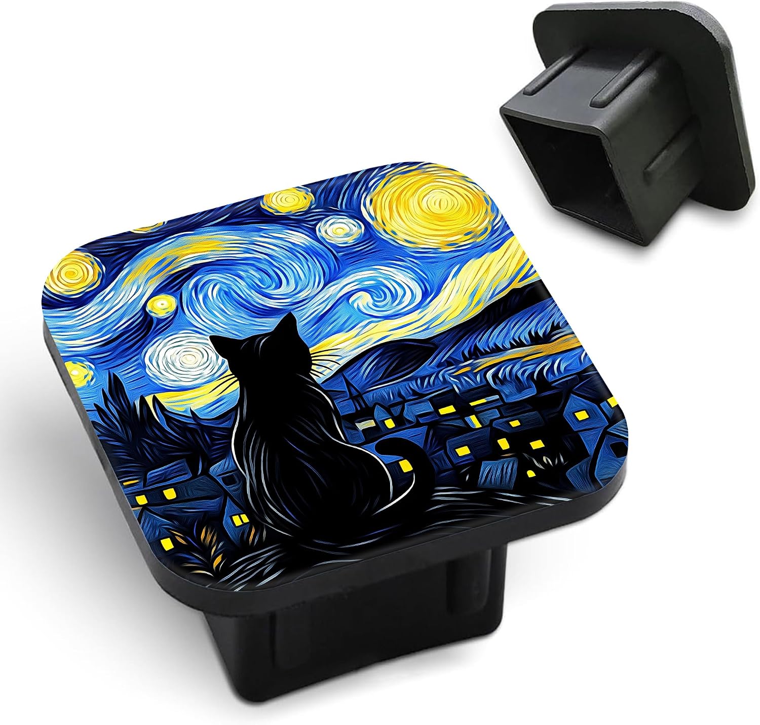 Black Cat Trailer Hitch Cover Abstract Starry Night Square 2 Inch Receiver Tube Plug Cover Compatible with Most Models Hitch Receivers Plug Fits Most Cars